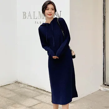 2020 Jeseni in Pozimi Nov Slog v korejskem slogu Priljubljeno Krilo Svoboden Leni Veter Mid-dolžina Hooded Plesti Obleka ženska Oblačila-