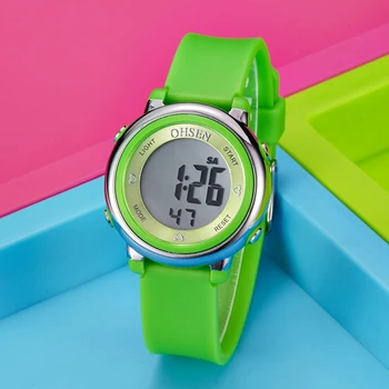 Modne blagovne Znamke v OHSEN Digitalni LCD Otroci Fantje ročno uro Lepe Zelene gumico 50M Nepremočljiva Plavati Potop Otrok Alarm Strani Watch Darilo