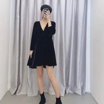 Za leto 2020 Ženska Žamet Nabrano Obleko Poletje Seksi Stranka Črna Mini Kratka Obleka Ženske Proti-vrat Dolge rokave Elegantne Obleke Ldies
