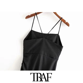 TRAF Ženske Elegantna Moda Strani Nastavljiv Vrvico Draped Midi Dress Vintage Backless Strani Zadrgo Trakov Ženske Obleke