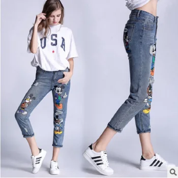 DISNEY jeans ženska pomlad new Mickey natisnjena luknjo velikosti žensk zunanje trgovine, majhne noge, raztrgane kavbojke jeans za ženske