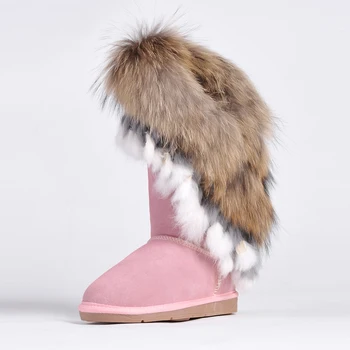 RUIYEE dame sneg škornji usnje moda sneg škornji velikosti lisica krzno zajec lase šivanje čevlji 2018 nove ženske čevlje