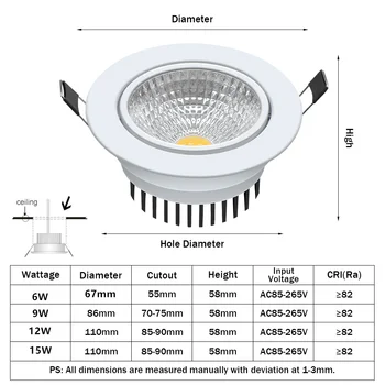 [DBF]Krog/Kvadrat Vgradne Zatemniti LED Downlight COB 6W 9W 12W 15W LED Spot Luči LED Dekoracijo Stropna Svetilka AC 110V/220V