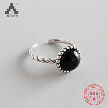 S925 sterling srebrni prstan vdelan naravno črno agate odpiranje nastavljiv ženski prstan