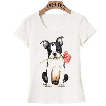 Nov Poletni Ženske T Shirt Valentine Rose Pit Bull Dog Hip Hop T-Shirt Mini Schnauzer Bostonski Terier Priložnostne Vrhovi Luštna punca Tees