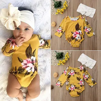 Pomlad Jesen Newborn Baby Toddler Dekleta Cvetlični Dolg Rokav Romper Playsuit Jumpsuit+Glavo 2Pcs Obleke