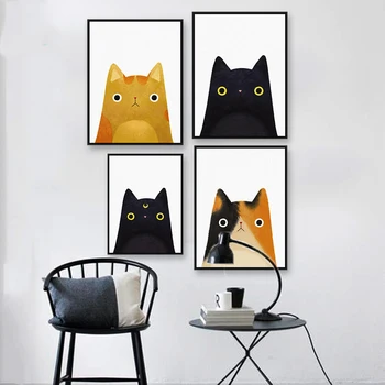 Minimalističen Nordijska Črno Bel Kawaii Živali Mačka Umetniške Grafike Plakat Vrtec Steni Sliko Platno Slikarstvo Otroci Soba Dekor Brez Okvirja