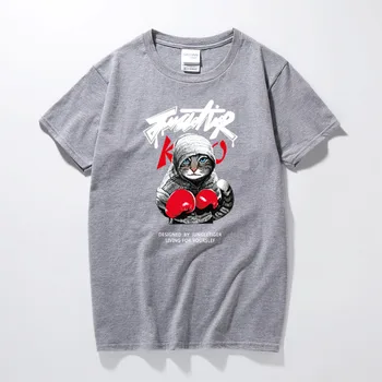 2017 Poletne Ulične T-shirt Mens figting boksar mačka tiskanja Hip Hop Vrhovi Tee Srajce Zamotek Hipster Bombaž Majica Plus Velikost