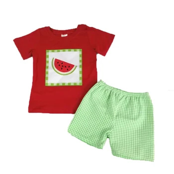 Boutique fant obleke poletje kratek rokav vrh in seersucker hlače se ujemajo dekle obleko lubenica natisnjeni obleko