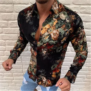Jeseni Novih Moških Cvet Majica Priložnostne Eur-Ameriški Stil Slim Tiskanje Majice z Dolgimi Rokavi Bluzo Plus Velikost Havajih Majice