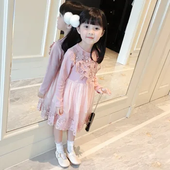 Moda Pearl Dolg Rokav Dekleta Obleko Srčkan Princesa Čipke Splice 2-8 Let Otroci Oblačila za Dojenčka Dekleta Očesa Poroka Stranka Obleko