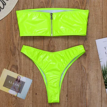 Neon Zelena Svetlečega PU Bikini 2021 Zadrgo Ženske Kopalke Ženske Brazilski Kopalke Push up Bikini komplet High cut Tangice kopalke