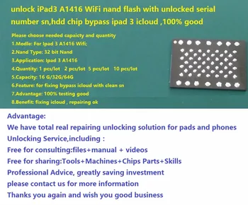 Odklepanje iPad3 A1416 WiFi nand flash z odklenjena zaporedno številko, sn,hdd čip bypass ipad 3 icloud , dobro