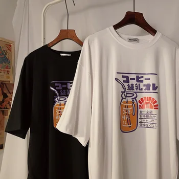 Japonski Harajuku Moški Ženske Grafični T Shirt Poletje Svoboden Tshirt Ulzzang Korejskem Slogu Tee Vrhovi Hip Hop Kratek Rokav Bela Črna