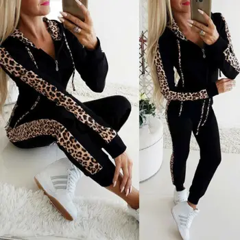 2020 Moda za ženske 2pcs dolgo sleeved trenirko prikrivanje / leopard hoodies majica visoko pasu hlače določa lady Priložnostne obleke