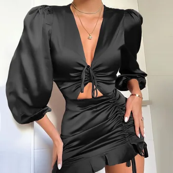 Pozimi Slog 2020 Prišlekov Seksi Obleka Z Dolgimi Rokavi Zategovanja Pasu Črni Barvi Sivke Eleganten Modni Večer Stranka Obleko
