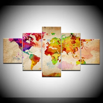 5 Plošči Akvarel Zemljevidu Sveta wall art Doma Dekor Platno Slikarstvo, Oljno Slikarstvo, Tisk Na Platno Umetnosti Stenska Slika Z okvirjem