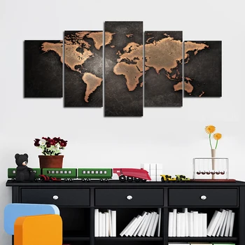 5 Plošče Black Svetovni Zemljevid, Platno Umetnosti Stenskih Poslikav Za Dnevno Sobo Povzetek Modularni Zemljevid Slika Stenske Dekorativne Platno Art Dekor