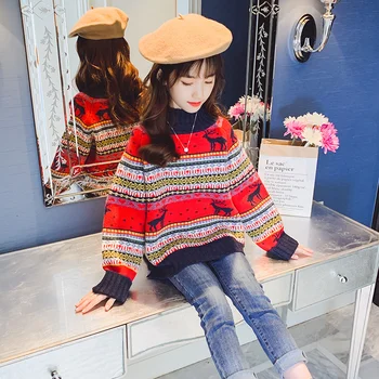 Britanija Pozimi Otroci Baby Dekleta Puloverji Risanka Turtleneck Knitwears Risanka Toplo Prugasta Tiskanja puloverju 2020 otroška Oblačila