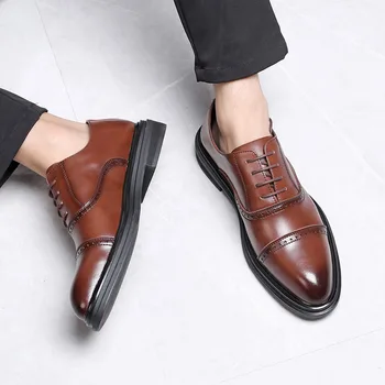 Pravega Usnja Moške Brogues Čevlji Čipke-Up Bullock Poslovno Obleko Moških Oxfords Čevlji Moški Formalno Čevlji