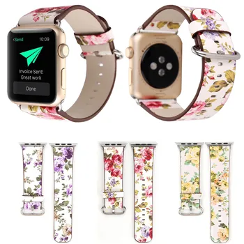 Roza Rumena Vijolična Cvet Usnjeni Trak za Apple Gledati Serije 5 4 3 2 1 Band Cvetlični Zapestnica za iWatch 38 40 42 44 Watchband