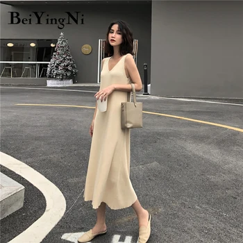 Beiyingni 2020 Elegantna koreje Proti-vrat Slim Pletene Sundress Ženske Dolgo Osnovne Priložnostne Harajuku High Street Vintage Obleke brez Rokavov