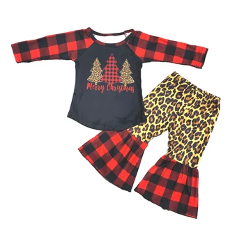 Dekle pozimi dolg rokav obleka Kariran leopard zaslon natisni Božični set, vroče prodaje dojencek dekliška oblačila
