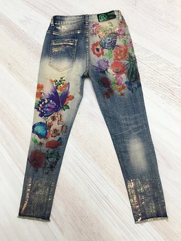 Naslikal Porjavelost Jeans Ženska 2020 Pomlad Jesen Denim Svinčnik Hlače Nove Ženske 3d Cvetje Tiskanje Jeans Hlače Femme