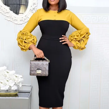 Elegantno Mozaik Stranka Dres Afriške Ženske Naguban Rokav Bodycon Midi Obleko Urad Maxi Vestidos Plus Velikost Modro Rumeno Robe