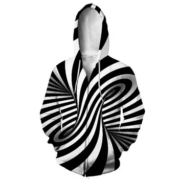 Moški zip-up hoodies, hooded ulične črno in belo črtasto jopiči, zabavno 3d tiskanih hip-hop vrhovi Velikih velikosti 6 xl dostava