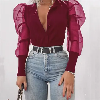Moda Novo 2019 Žensk Proti-Vrat Bluze Til Ruffle Dolgo Puff Sleeve Solid Majica Lady Majice Vse-Ujemanje Jeseni Ženske Vrhovi