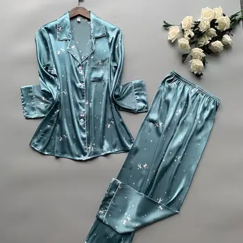 2019 Saten Pižame Ženske Pižame Postavlja z Hlače 2019 Cvet Tiskanja Dolg Rokav Svile Sleepwear Pijama Mujer Ženski Nightsuit