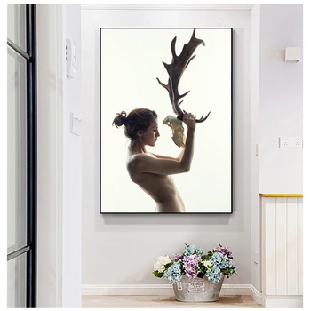 NESEBIČNO Nordijska Plakat Moda SexyGirl Z Rogovi Steno Umetnosti Slikarstva Za dnevno Sobo Dekorativne Slike, Natisnjene Na Platno