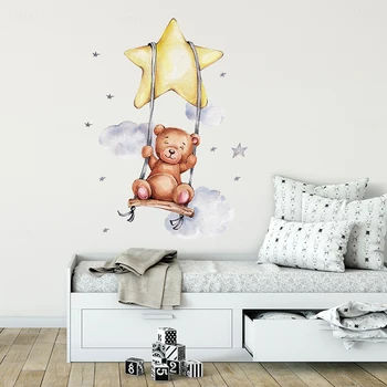 Swing Teddy Boy Imeti na Star Oblak Stenske Nalepke za Otroke, Soba za Baby Boy Soba Dekoracijo Stene Decals je Soba PVC DIY Nalepka