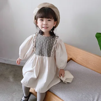 Dekleta Fasion Dolgo Puff Rokav Bombaž Barva Preplete Obleka Princess 2020 Jeseni Nov Baby Toddler Čipke Dojenčke Priložnostne Obleke