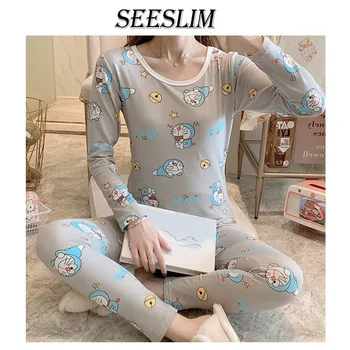 Seeslim Tople Pižame Ženske Nastavite Toplo Doraemon Sleepwear Dolg Rokav Risanka Slim Srčkan Pijamas Feminino Moda Homewear Pomlad