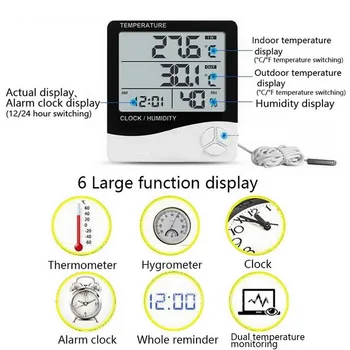 Junejour Digitalni Termometer, Higrometer LCD Elektronski Zunanja Notranja Sobna Temperatura Vlažnost Monitor Alarm 1Pcs