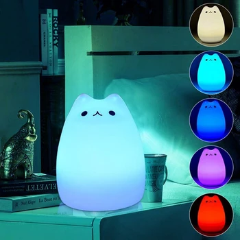 7 Barv Mačka LED USB Otrok Živali Noč Lahkega Silikona Mehko Risanka Otroka Vrtec Čudno Lučka Dihanje LED Nočna Lučka