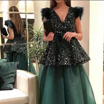 Moda Vestidos De Formature Zajela V Vratu Beaded Sequins Skp Rokavi Temno Zelena Dolžina Tal Prom Obleke