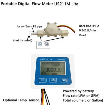 US211M Lite Digitalni merilec pretoka in USN-HS41PE-2 0.2-2.5 LPM Dvorani Učinek Toka Tipalo Skupni Volumen in Pretok Zaslon