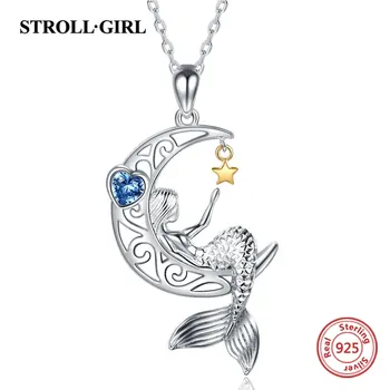 Strollgirl Novo 925 Sterling srebro čudovita morska deklica obesek verige cirkon luna star ogrlica za Ženske, Modni Nakit brezplačno ladja