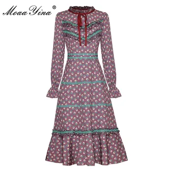 MoaaYina Modni Oblikovalec obleko Jeseni Ženske noše Flare Rokav Cvjetnim Tiskanja Mozaik Ruffles Čipke Vintage Obleke