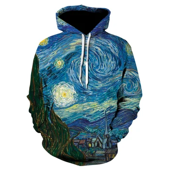 Slavni Slikar Van Gogh 3D Pokrajino Tiskanje Listov Hooded Majica Športna Majica Moški in Ženske Dolge Rokave