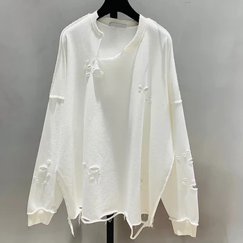 GALCAUR Prevelik Majica Za Ženske O Vratu Dolg Rokav Luknjo korejski Puloverji Oblikovalec Jopice, Ženski 2020 Modna Oblačila