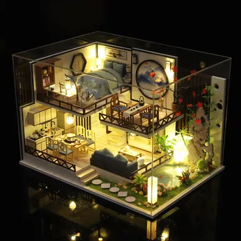 DIY Lesene Lutke Kitajski 3D Lutka Hiše Miniaturni S Pohištvom Kit Ustvarjalne Igrače, za Otroke, za Odrasle Božično Darilo Casa