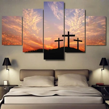 Slikarstvo Modularni Slika 5 Kos/Kos Krščanski Križ Sunset Platno Wall Art Dom Dekoracija Za Dnevno Sobo, Moderno Tiskanje