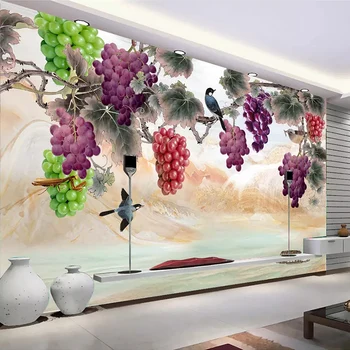 Po meri 3D Stenske Freske Ozadje Novi Kitajski Slog Ročno Poslikane Vijolične, Grozdni, Cvetje, Ptice Umetnosti Stensko Slikarstvo Dnevna Soba Spalnica