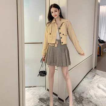 2019 Jeseni Mode Suknjič In Visoko Pasu Kariran Kratka Krila Elegantna Mini Naguban Dva Kosa Iz Womens Urad Določa