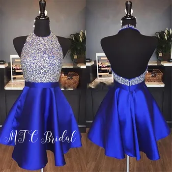 Bleščice Kristali Royal Modre Kratke Prom Obleke Backless Povodcem Črto Saten Stranki Poroka Oblek 2019 Vroče Prodaja Ženske Obleke