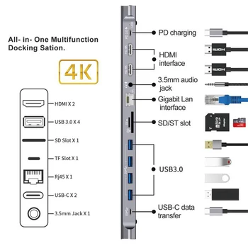 12 v 1 USB Tip-C HUB Napajalnik Prenosnik za Razširitveno Postajo HDMI VGA priključek RJ45 PD HD Multi USB 3.0 Za MacBook HP Lenovo Površine Združljiv